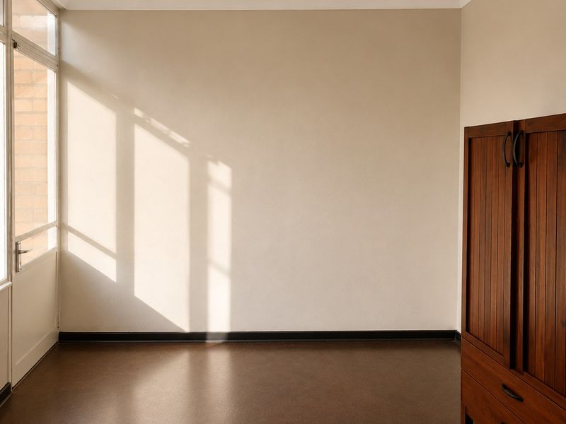 A bright, empty bedroom featuring a large window and a built-in wooden cupboard, offering a clean and neutral space ready for personalization.