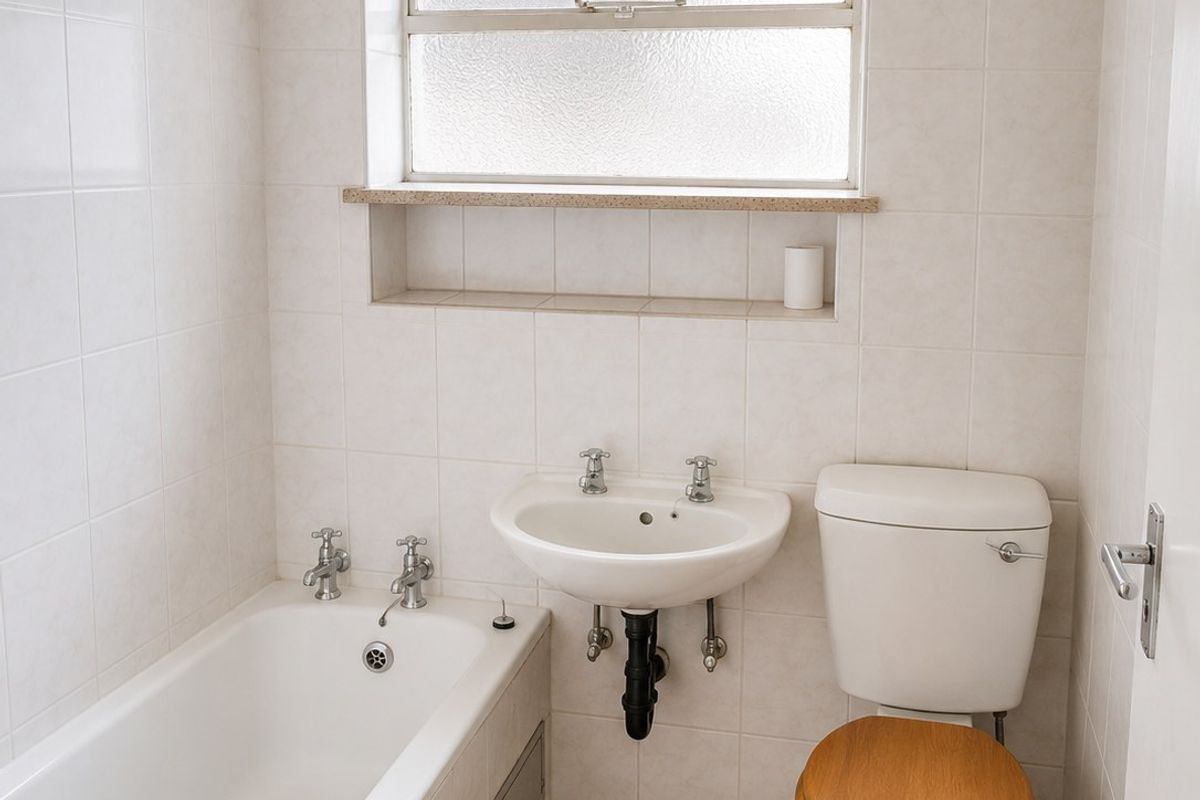 A functional bathroom featuring a bathtub, wall-mounted basin, and toilet, finished with neutral wall tiles and floor tiling.