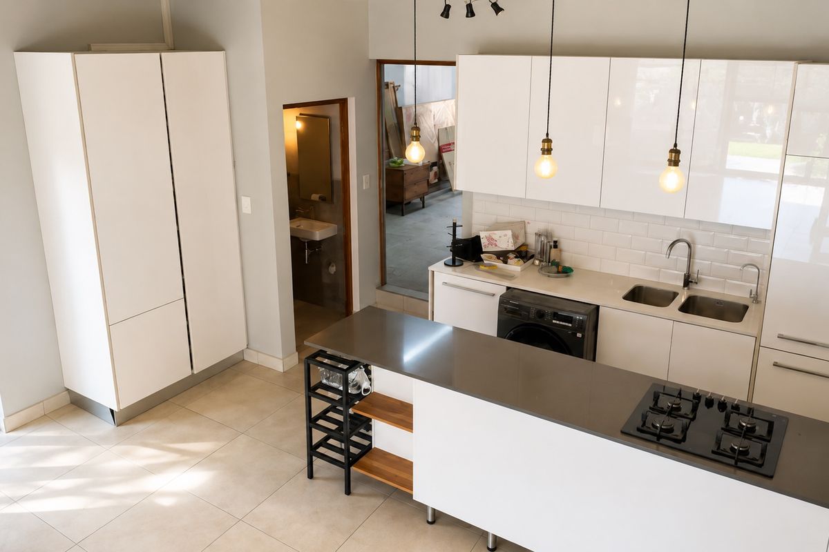 Modern kitchen featuring sleek white cabinetry, stone countertops, a gas hob, and a double basin sink, with an open-plan layout and tiled flooring.