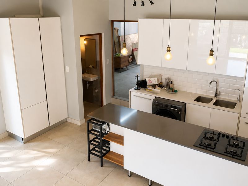 Modern kitchen featuring sleek white cabinetry, stone countertops, a gas hob, and a double basin sink, with an open-plan layout and tiled flooring.