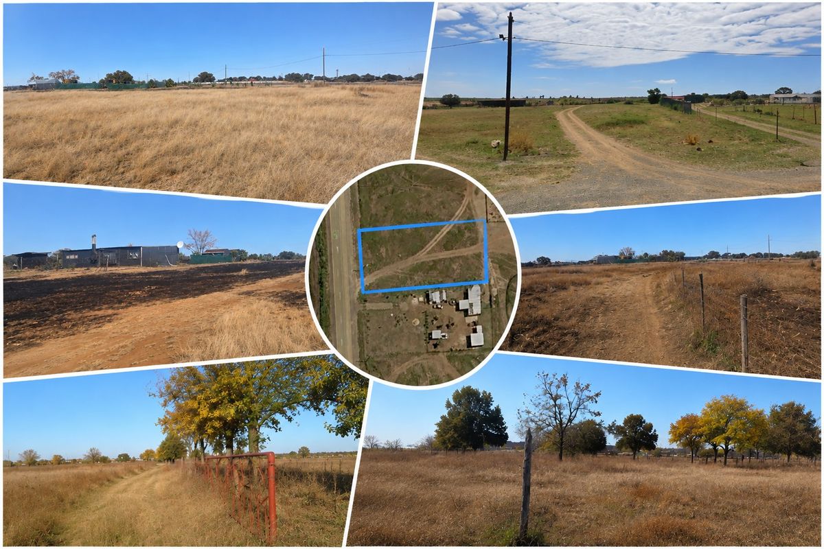 A composite view of a vacant residential land parcel featuring open grass fields, perimeter fencing, and an unpaved access track.