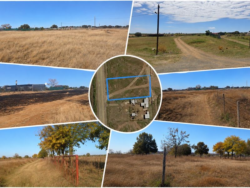 A composite view of a vacant residential land parcel featuring open grass fields, perimeter fencing, and an unpaved access track.