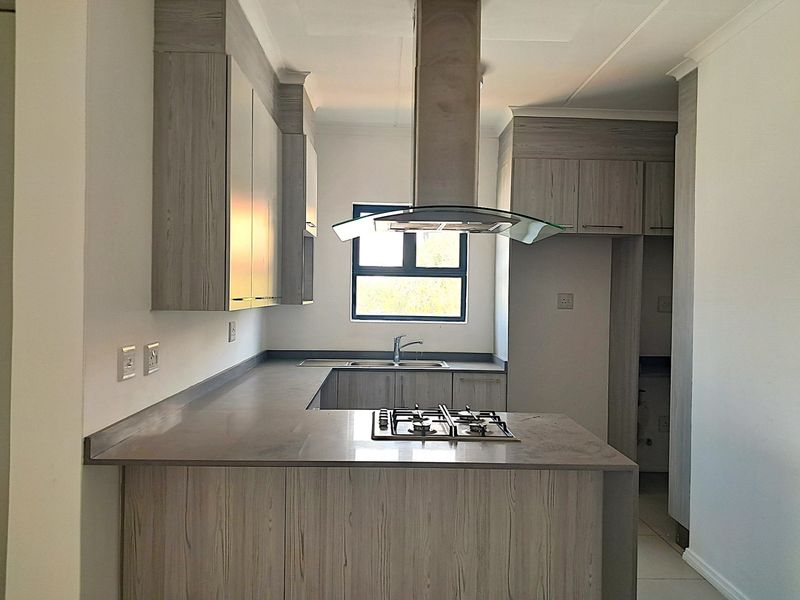 Modern kitchen featuring light wood-grain cabinetry, stone-look countertops, a built-in gas hob with overhead extractor, and a double sink.