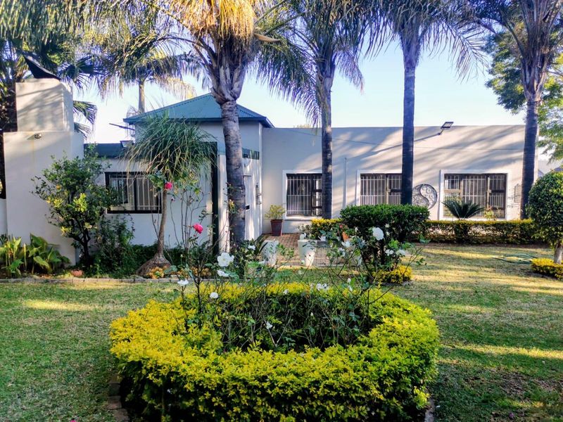 Rear view of the house featuring a landscaped garden, mature palm trees, paved patio area, and external chimney structure.