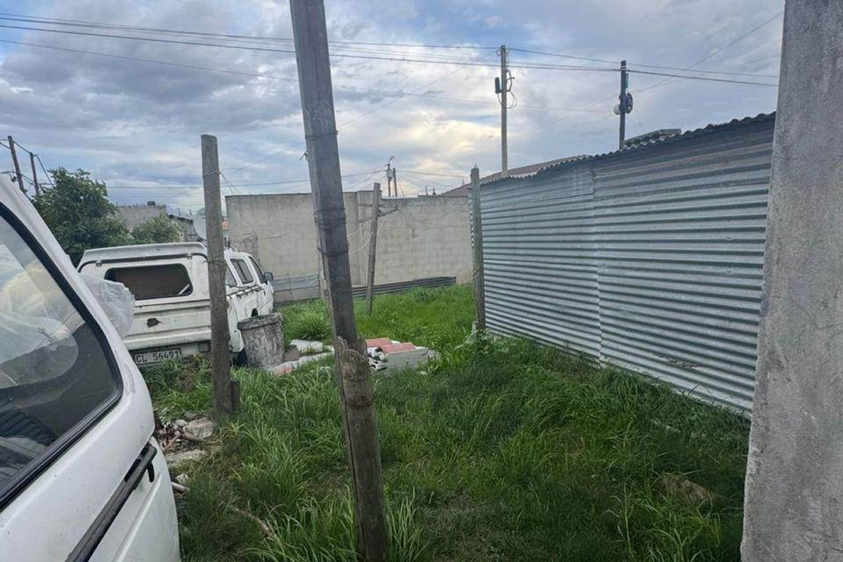 Rear outdoor area featuring corrugated metal fencing and an overgrown yard with a leaning utility pole.