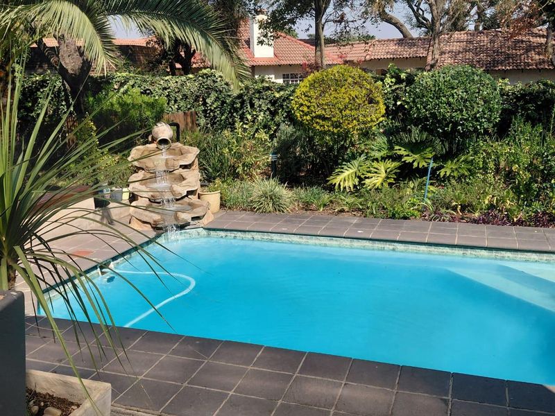 A well-maintained swimming pool area featuring a decorative stone water fountain and established garden landscaping.