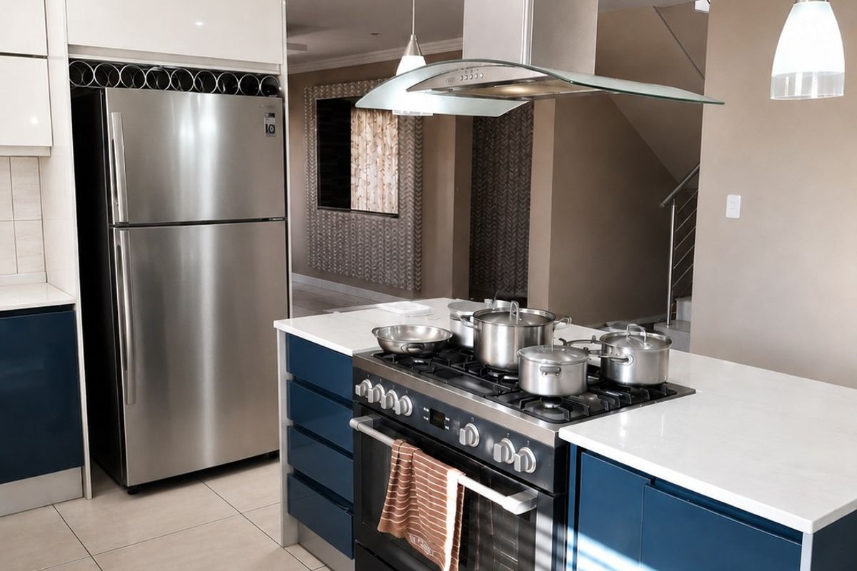 Modern kitchen featuring a central island with a gas cooktop, stainless steel extractor fan, stone countertops, and contemporary blue and white cabinetry.