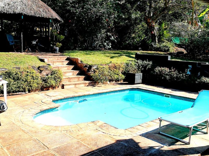 A private outdoor pool area featuring a paved patio, stone steps leading to a raised garden, and a thatched gazebo in the background.