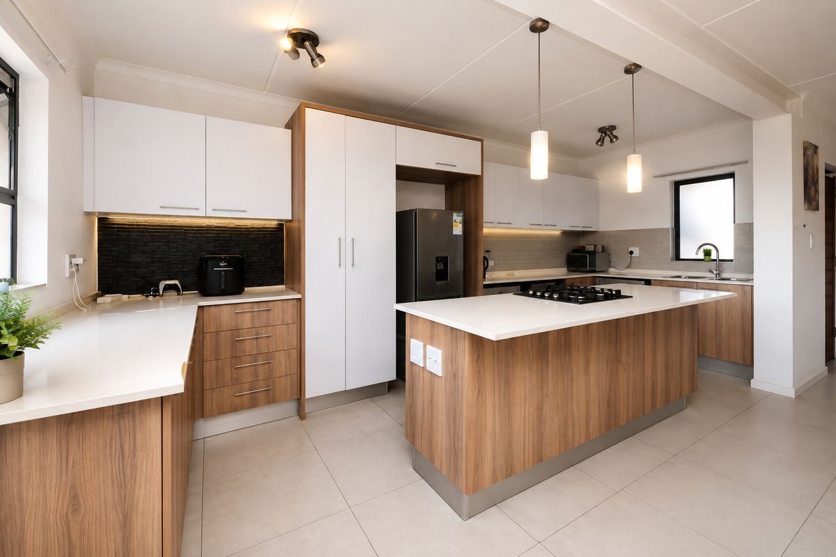 Modern kitchen featuring a central island with gas hob, sleek wood-tone and white cabinetry, stone countertops, and contemporary pendant lighting.