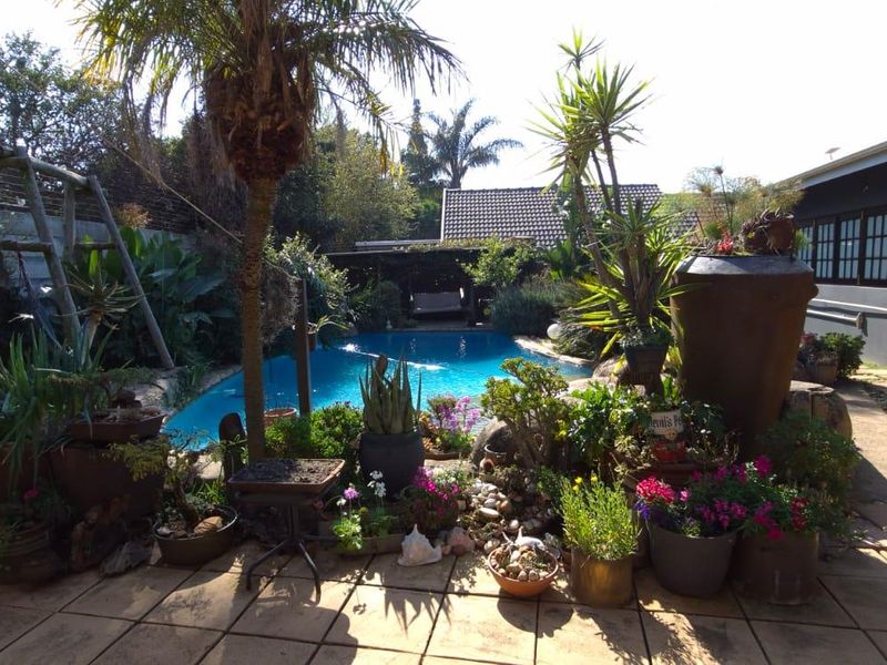 Outdoor pool area featuring a swimming pool, paved patio space, and established garden surroundings.