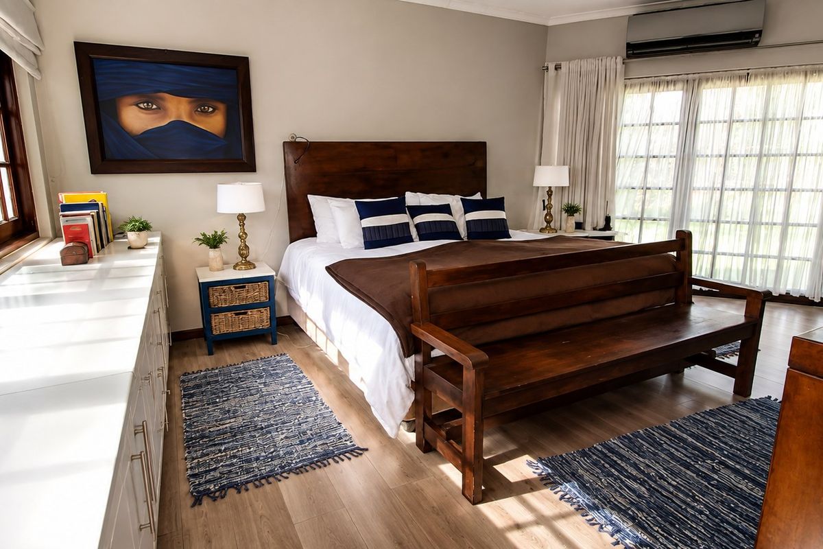 Spacious bedroom featuring laminate flooring, built-in cabinetry, and a wall-mounted air conditioning unit with large windows providing ample natural light.