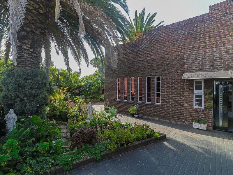 A rear exterior view featuring an exposed brick facade, paved patio area, and established garden with mature palm trees.