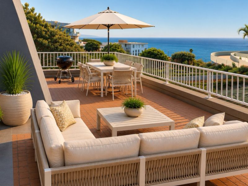 Spacious outdoor balcony featuring tiled flooring and white railings, offering panoramic ocean views and an ideal setting for alfresco dining and relaxation.