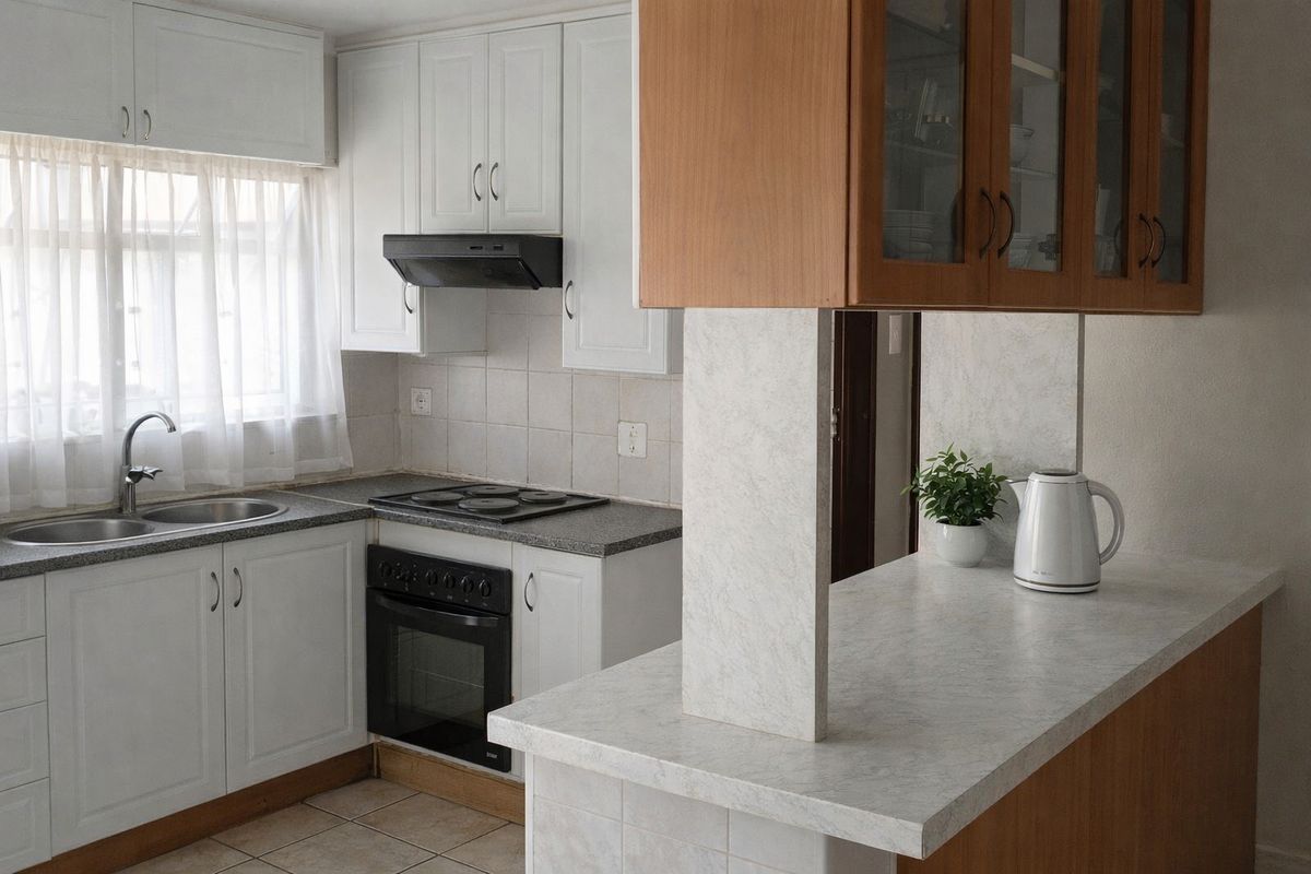 Functional kitchen featuring white cabinetry, laminate countertops, a breakfast bar, and integrated appliances including an electric hob and oven.