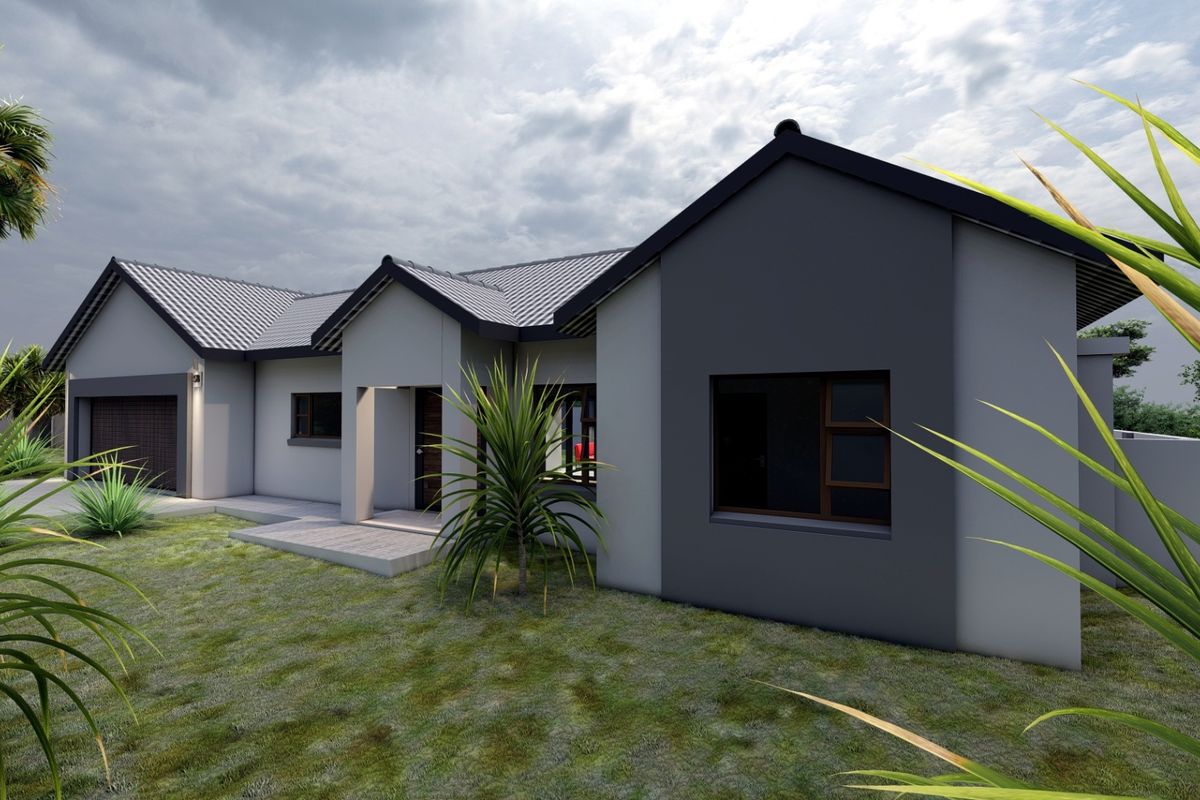 A modern single-story residential house exterior featuring a contemporary grey facade, tiled roof, and integrated garage.