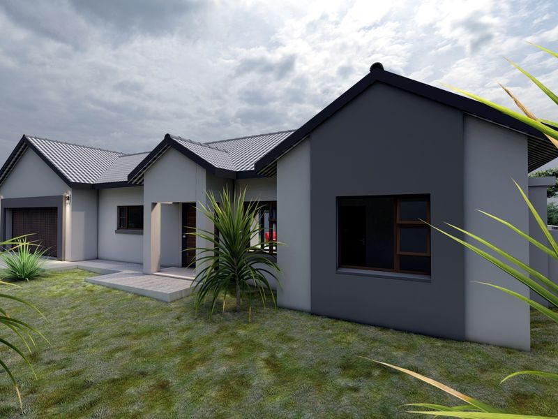 A modern single-story residential house exterior featuring a contemporary grey facade, tiled roof, and integrated garage.
