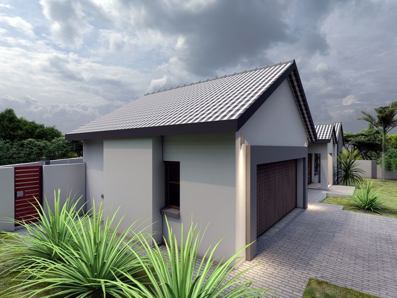 A modern residential exterior featuring a tiled roof, paved driveway, and secure garage access, set within a landscaped garden environment.