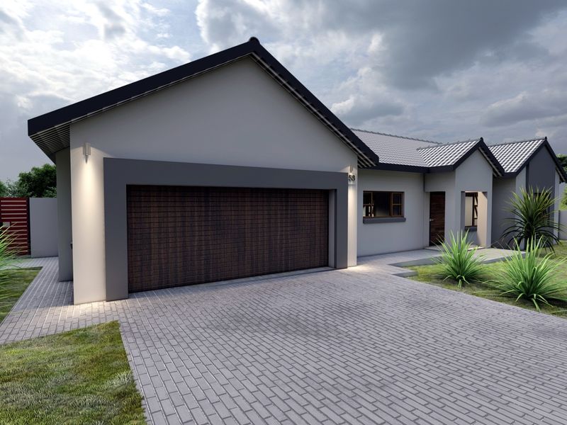 Modern front elevation of a house featuring a double garage, paved driveway, and clean architectural lines with exterior lighting.