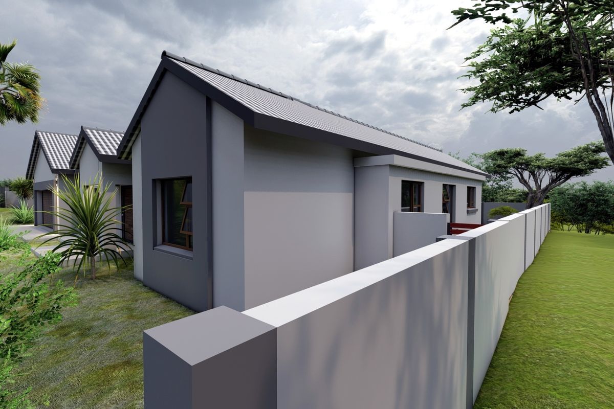 A modern residential exterior view featuring a clean grey facade, metal roofing, and a surrounding perimeter wall in a landscaped setting.