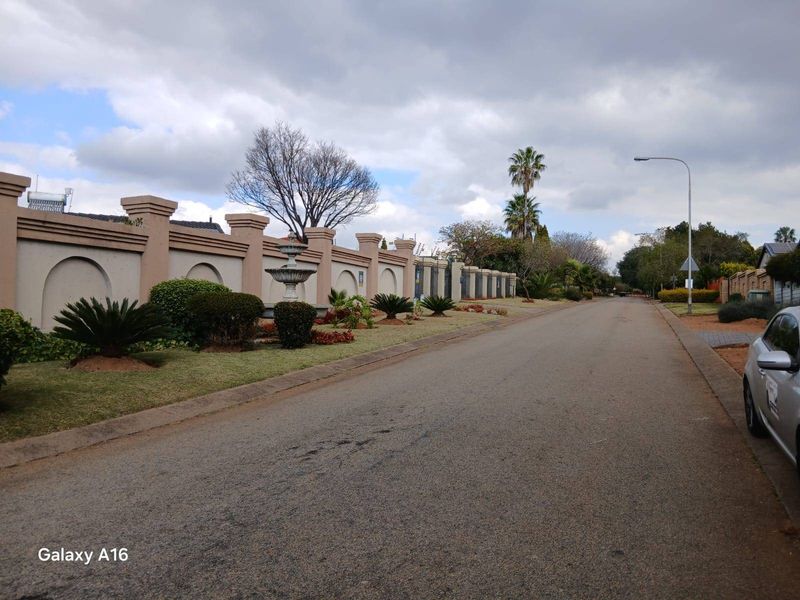 A street-level view showing the property's perimeter wall, landscaped verge, and decorative fountain feature along the roadside.