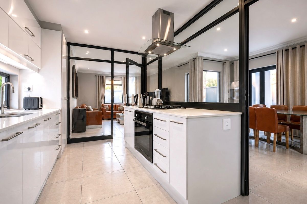 Modern kitchen featuring high-gloss white cabinetry, quartz countertops, integrated appliances, and stylish black-framed glass partitions separating the living and dining areas.