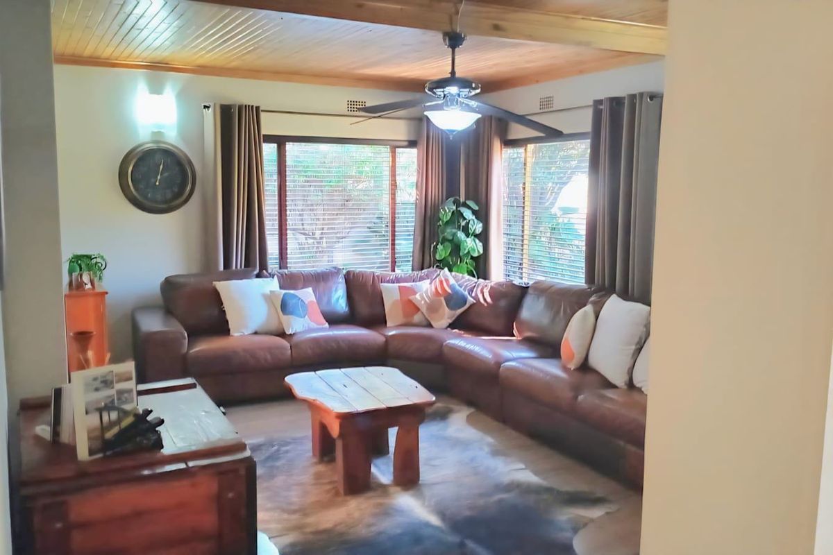 A cozy living room featuring a warm timber tongue and groove ceiling, a central ceiling fan, and large windows providing natural light.