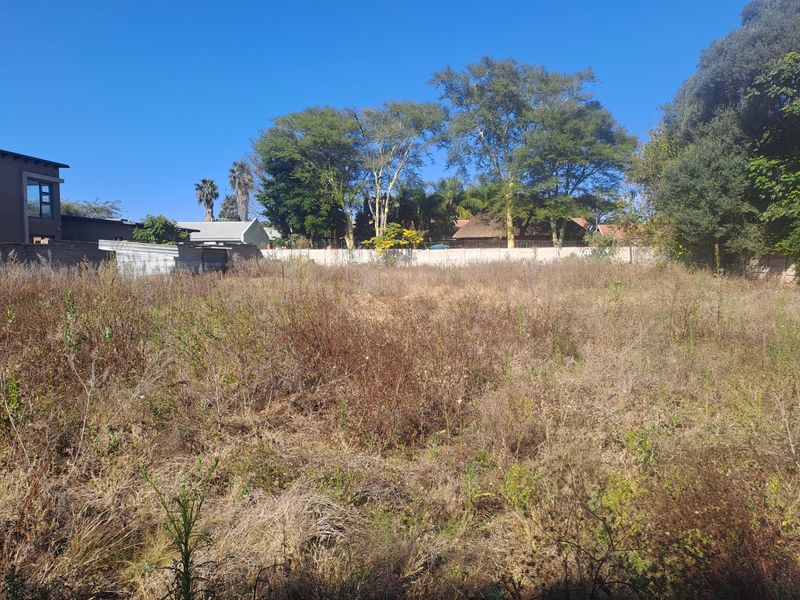 A vacant residential plot featuring overgrown grass and shrubs, enclosed by perimeter boundary walls with mature trees in the background.