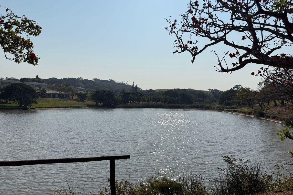 A scenic view of a tranquil lake surrounded by natural vegetation and mature trees, offering a peaceful outlook from the property.