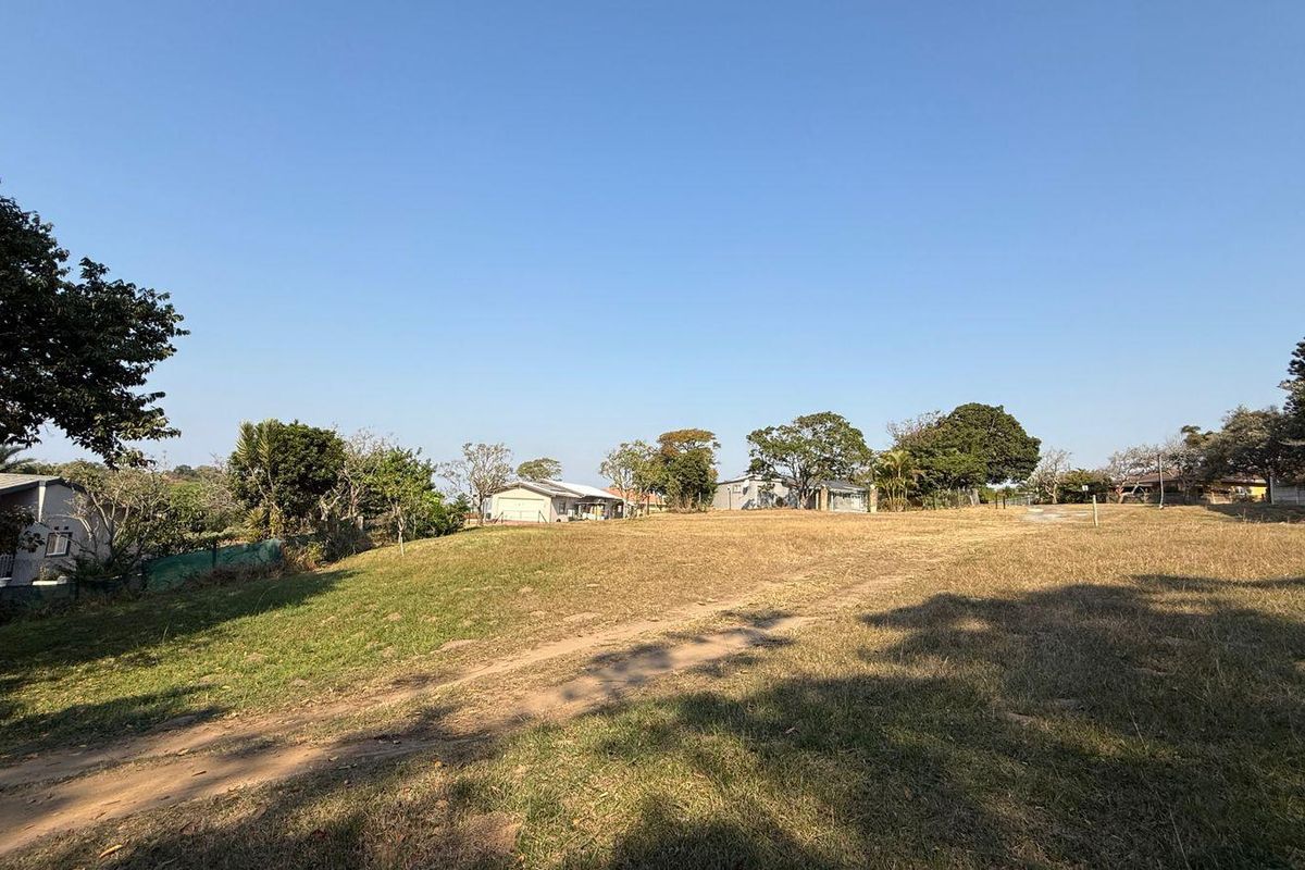 A wide-angle view of a vacant residential plot featuring open grassland, mature trees, and established perimeter fencing in a quiet neighborhood setting.