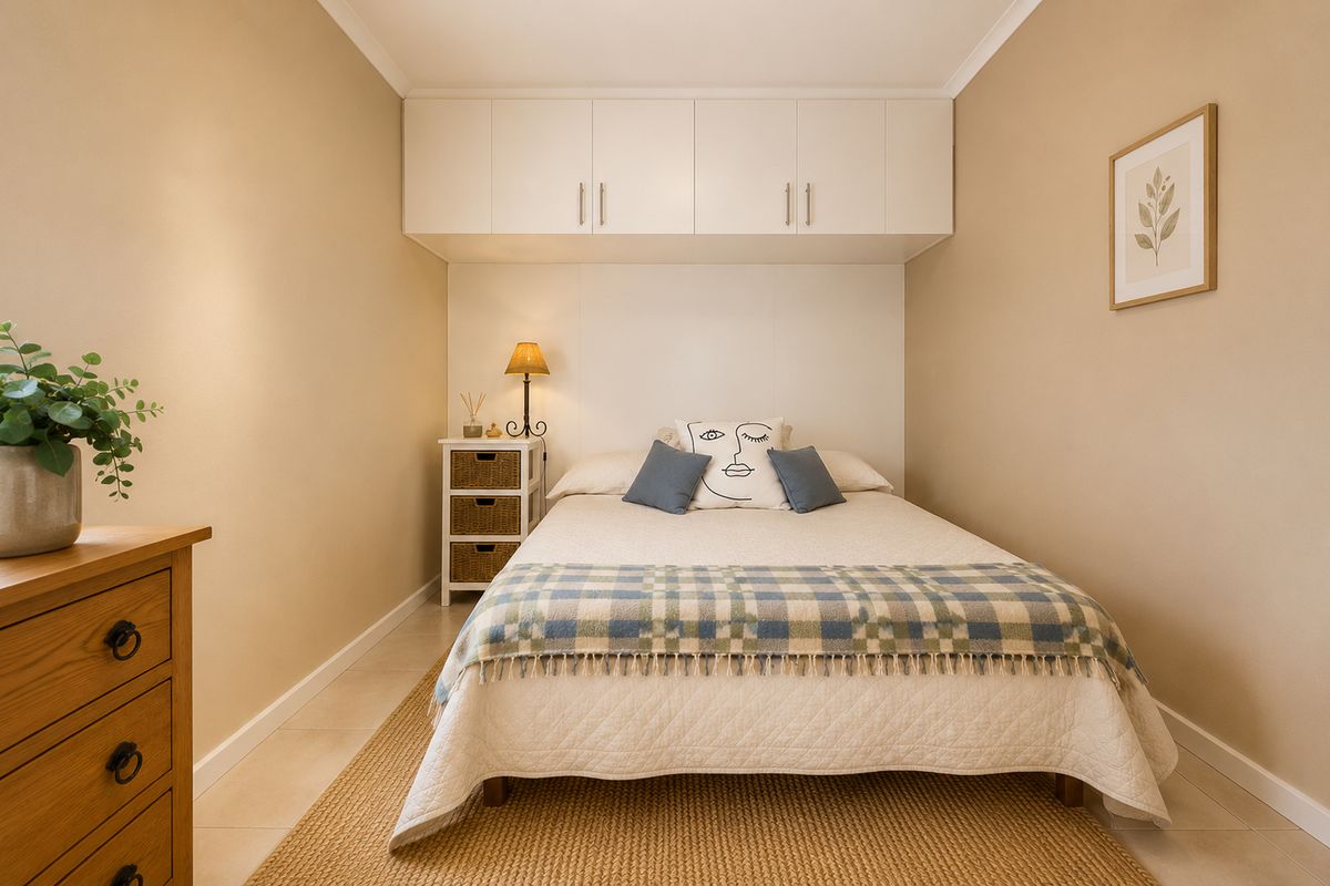 A cozy bedroom featuring built-in overhead storage cabinetry and neutral wall finishes, providing a functional and well-organized sleeping space.
