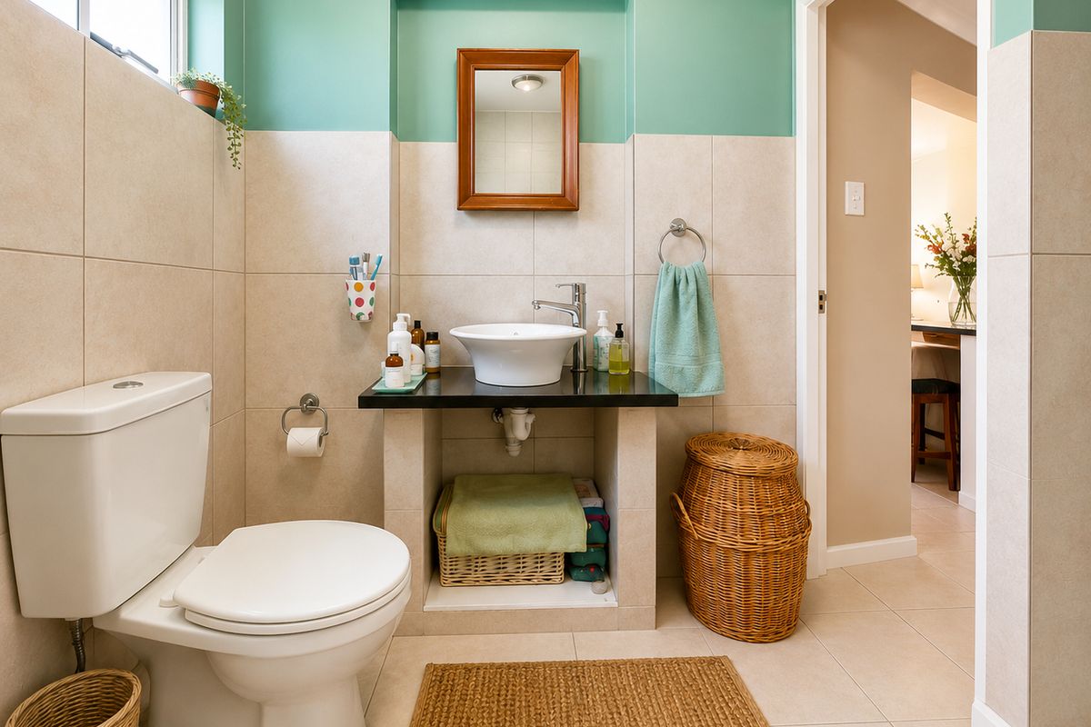 A well-maintained bathroom featuring a modern vessel sink on a stone vanity, a dual-flush toilet, and neutral wall tiling with a decorative accent wall.