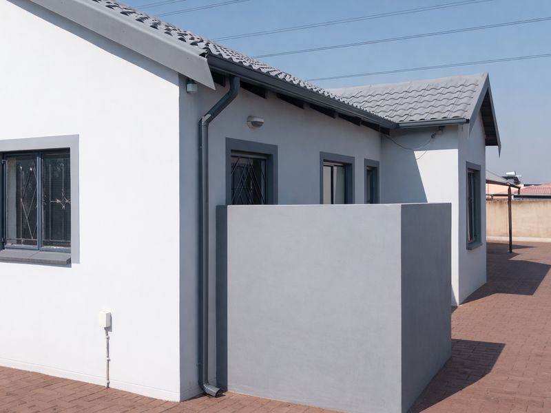 A view of the exterior rear of the house, featuring paved ground, grey tiled roof, and white rendered walls with security bars on windows.