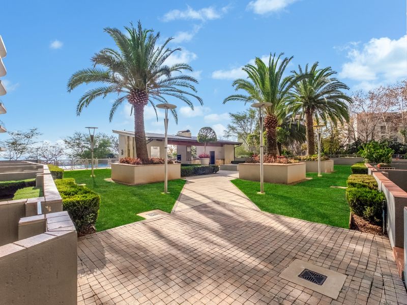 A well-maintained communal garden area featuring paved walkways, manicured lawns, raised planter beds with palm trees, and modern outdoor lighting.