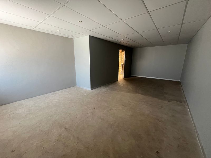 An open-plan industrial space featuring a suspended acoustic tile ceiling with recessed lighting and smooth grey painted walls.