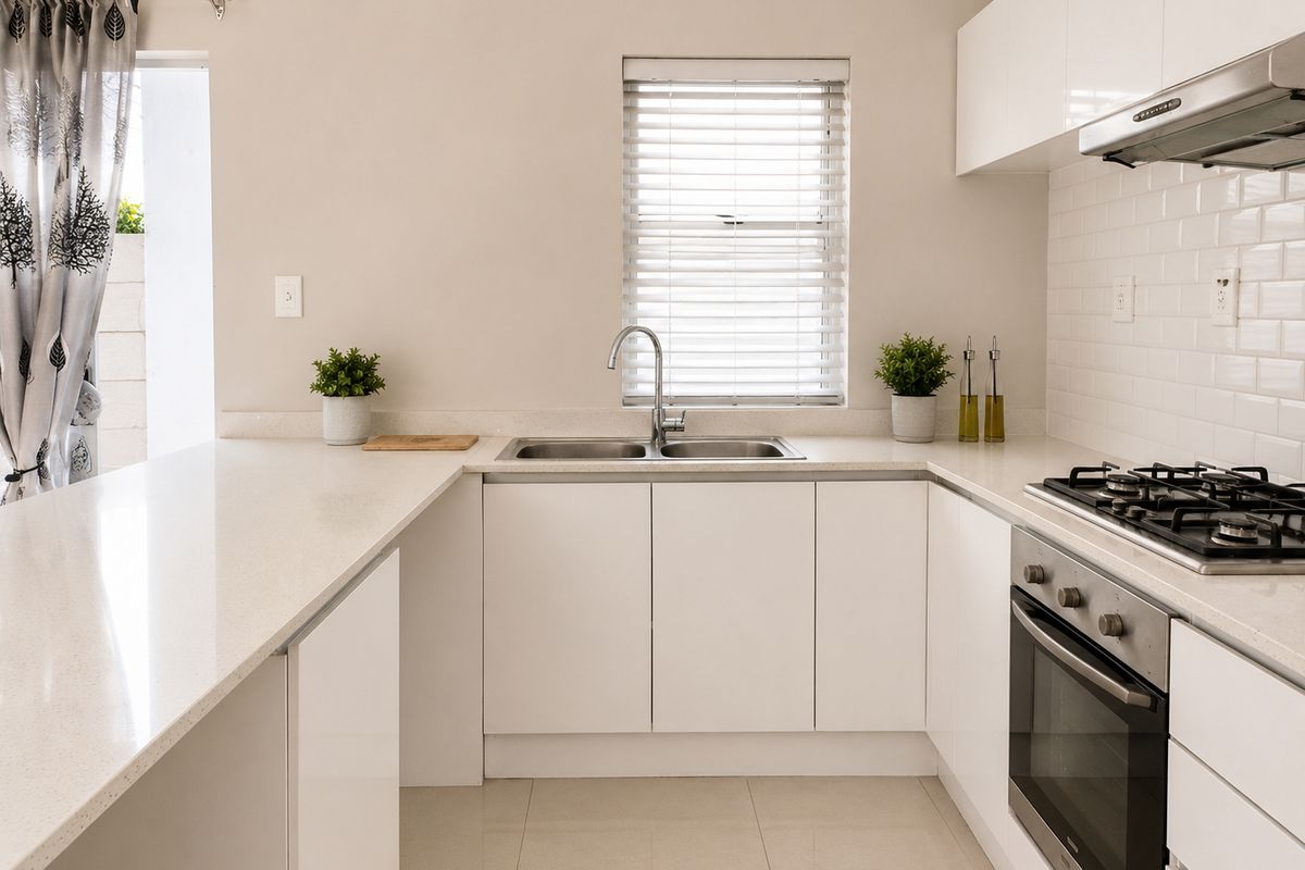 Modern kitchen featuring white cabinetry, stone countertops, a stainless steel gas hob, built-in oven, and a double sink with a window view.