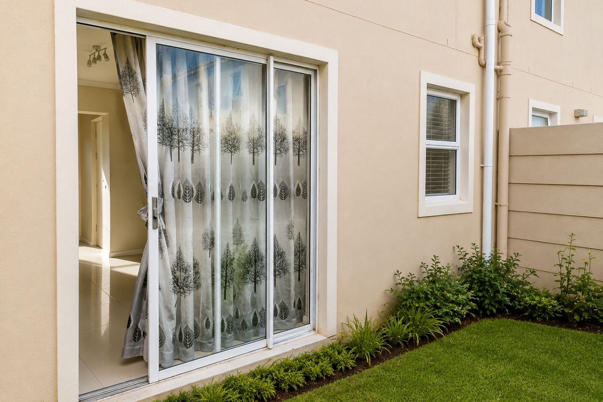 Rear view of the townhouse featuring a sliding glass door leading to a small garden area with manicured lawn and perimeter wall.