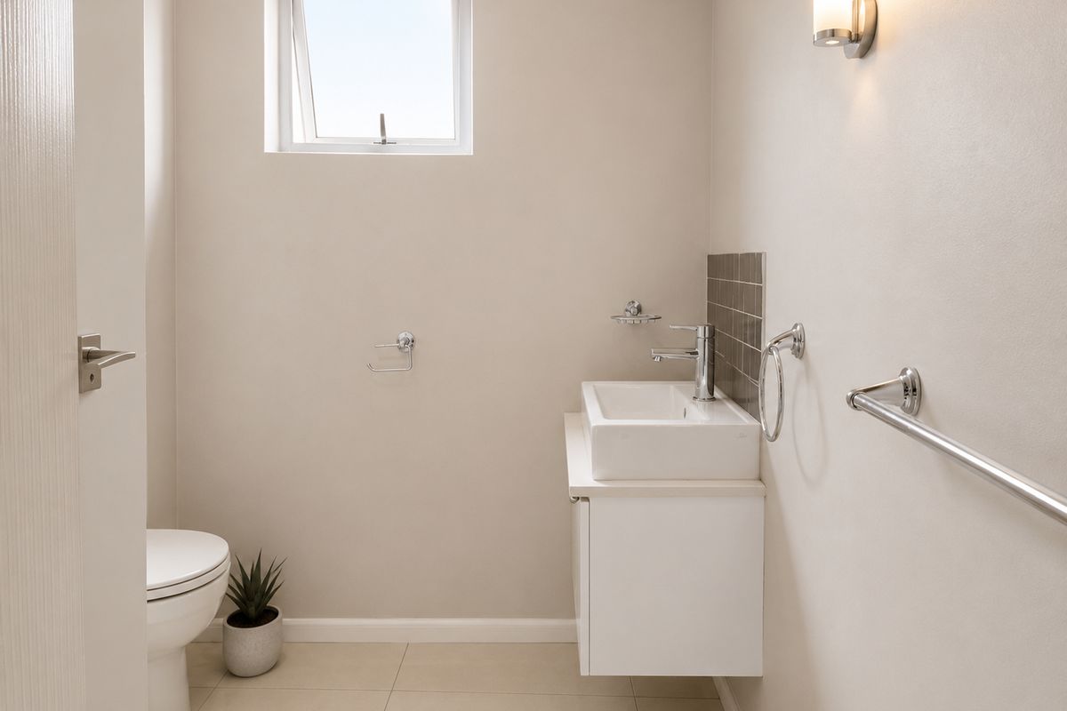 A modern, well-maintained guest bathroom featuring a wall-mounted vanity with a basin, tiled flooring, and neutral wall finishes.