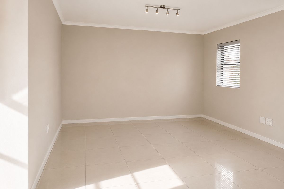 A bright, empty bedroom featuring neutral tiled flooring, clean painted walls, and a modern adjustable spotlight fixture.