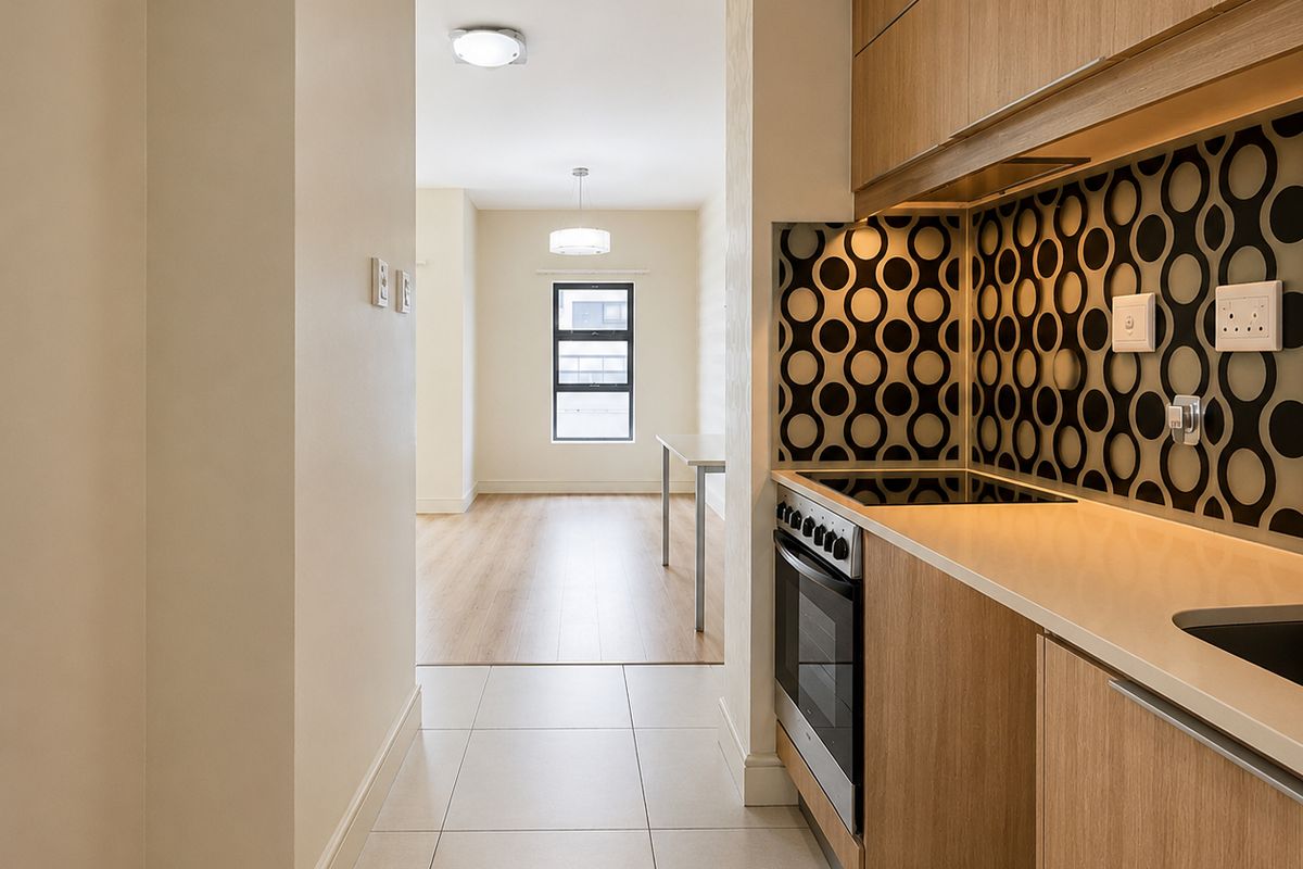 A modern galley-style kitchen featuring wood-grain cabinetry, a patterned backsplash, and integrated oven and hob, leading into an open-plan living area.