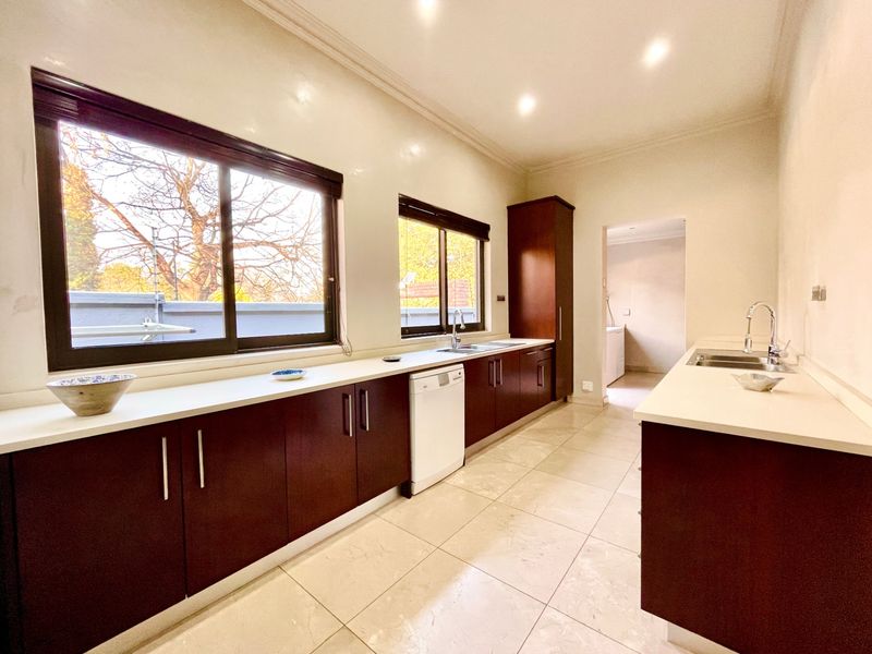 A spacious, modern kitchen featuring dark wood cabinetry, light stone countertops, tiled flooring, and large windows providing ample natural light.