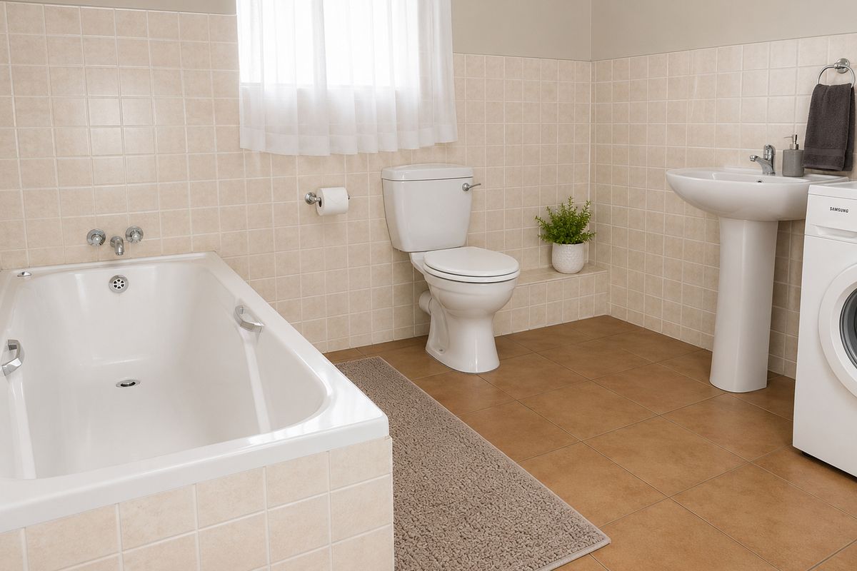 A functional bathroom featuring a built-in bathtub, pedestal basin, and toilet, with neutral wall tiling and tiled flooring.