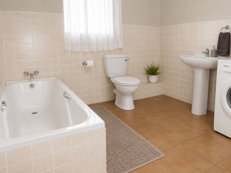 A functional bathroom featuring a built-in bathtub, pedestal basin, and toilet, with neutral wall tiling and tiled flooring.