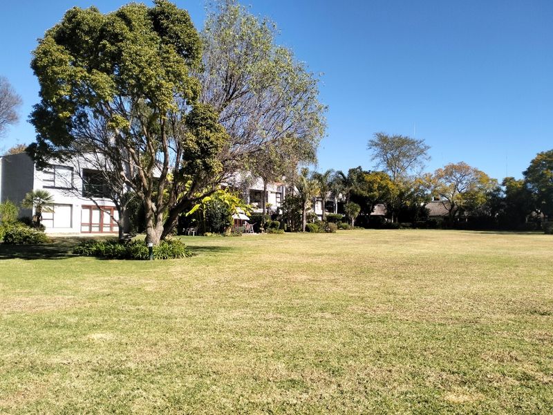 A view of the expansive communal garden area featuring mature trees and well-maintained lawn, providing a pleasant outdoor space for residents.