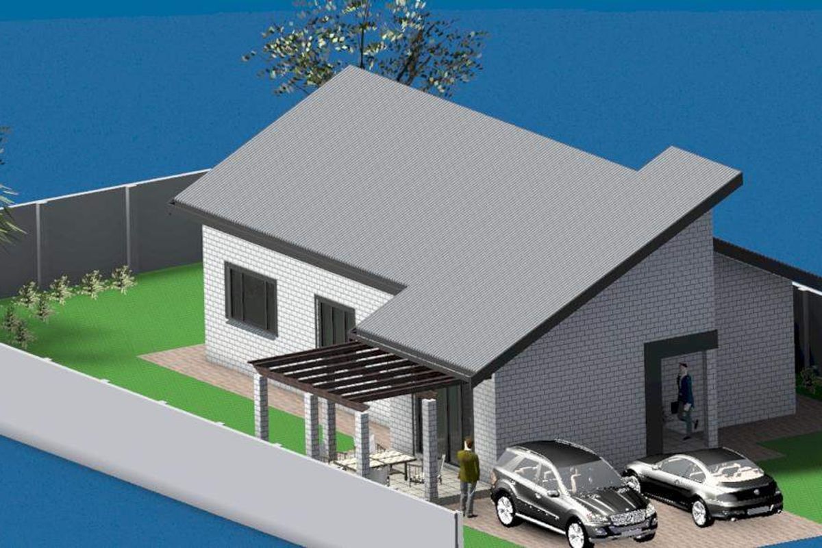 A 3D architectural rendering of a modern single-story house featuring a pitched roof, brick facade, and an attached patio area.