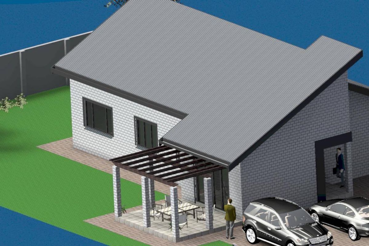 A 3D architectural rendering of a modern single-story house featuring a brick facade, corrugated metal roof, and a covered patio area.