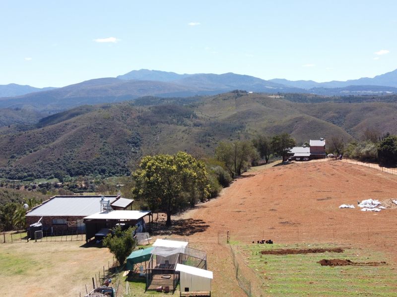 Aerial view of the farm property featuring multiple structures, expansive landscape, mountain views, and agricultural fencing.
