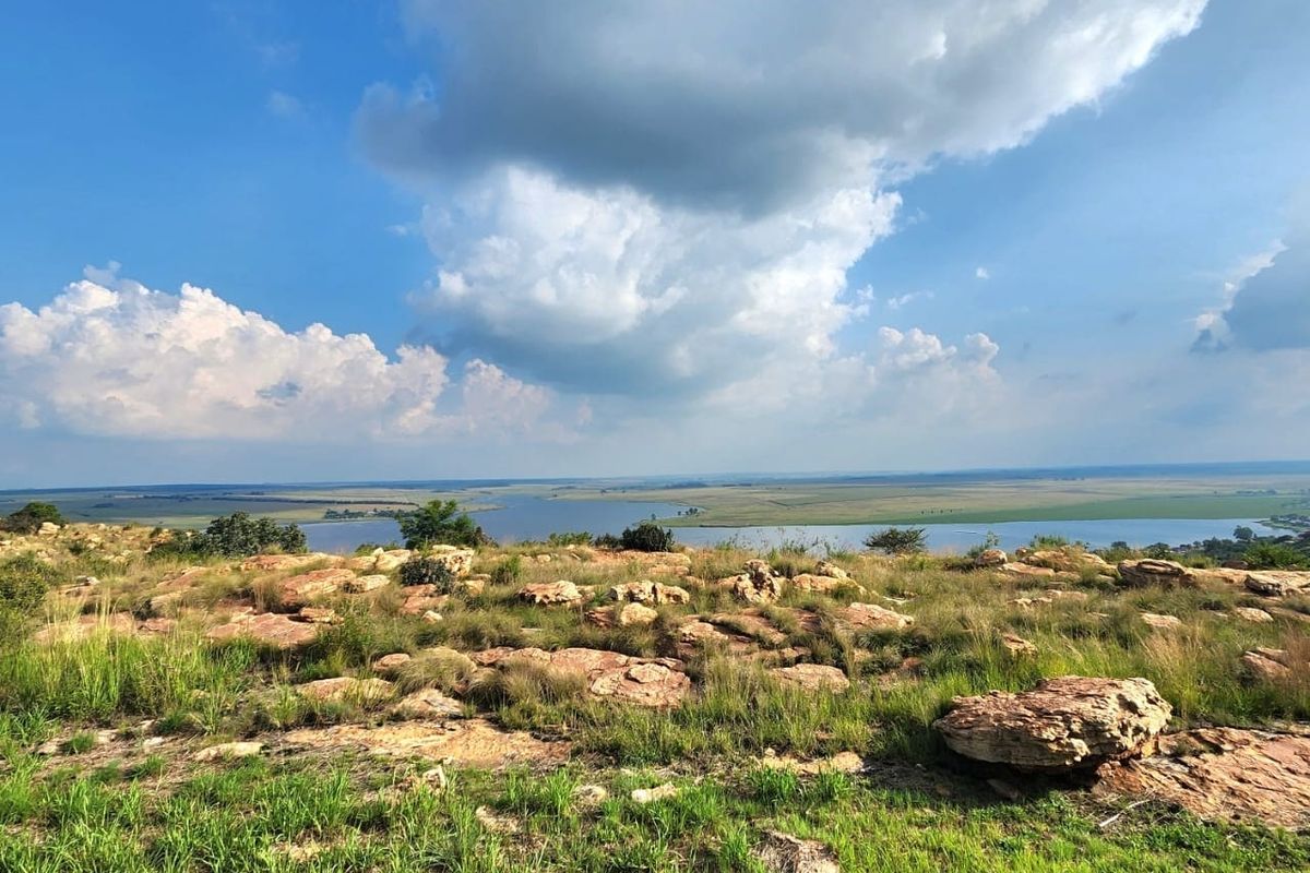 A scenic elevated view of the natural landscape featuring rocky terrain, native grasses, and a distant water body under a clear sky.