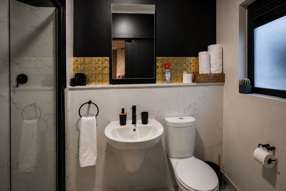 Modern bathroom featuring a wall-mounted basin, toilet, and shower enclosure with contemporary black fixtures and stylish gold-accented tiling.