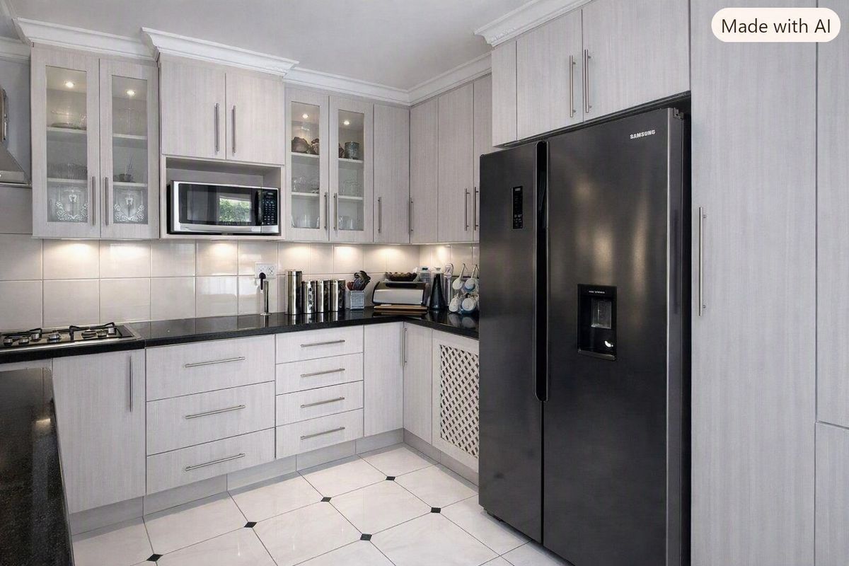 Modern kitchen featuring light wood-grain cabinetry, black granite countertops, built-in microwave, gas hob, and tiled flooring with decorative accents.