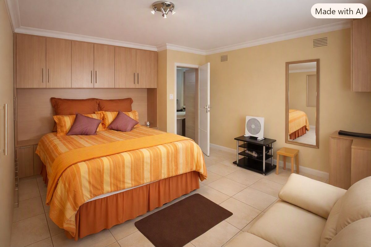 A well-maintained bedroom featuring extensive built-in cabinetry, neutral tiled flooring, and direct access to an en-suite bathroom.